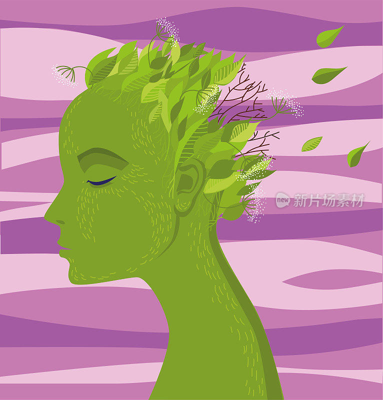 一个女性形象的形式，绿色的皮肤和树叶在她的头上飞舞