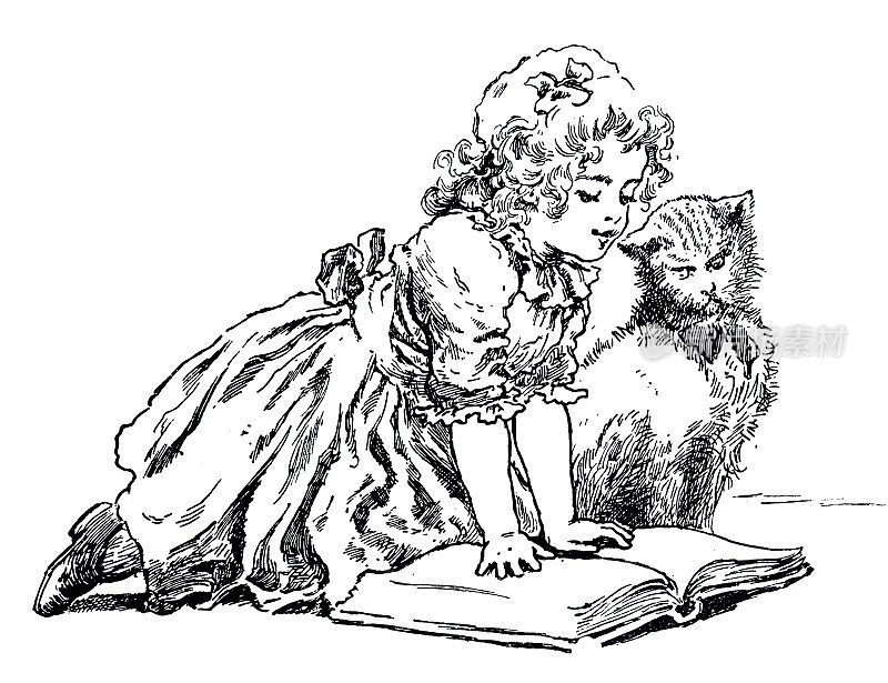 女孩在看书，猫坐在旁边