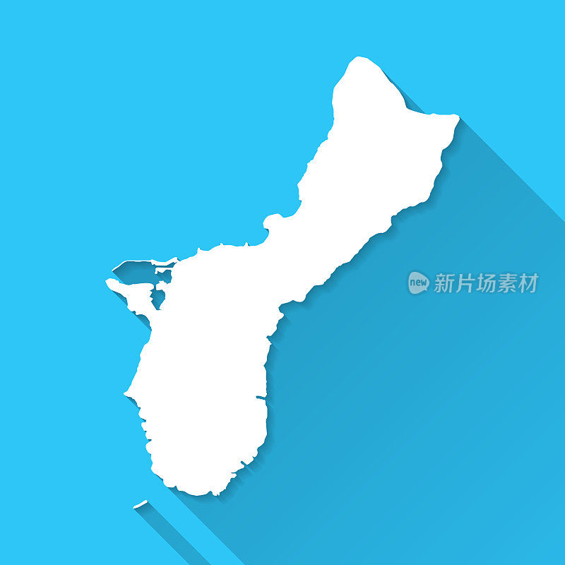 关岛地图与长阴影在蓝色的背景-平面设计