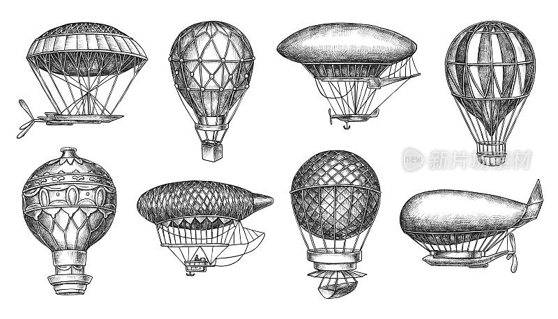 复古热气球浮空器和飞艇徒手绘图