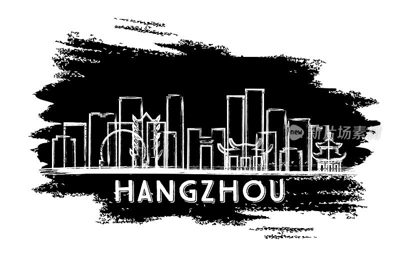 中国杭州城市轮廓线。手绘草图。