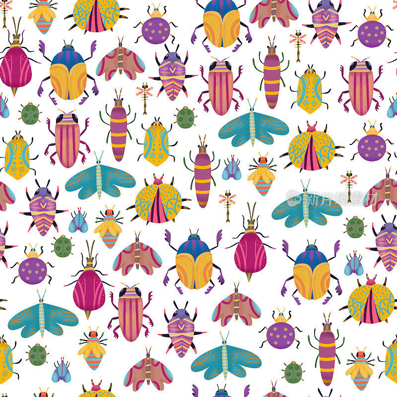 扁平风格的彩色昆虫的无缝图案
