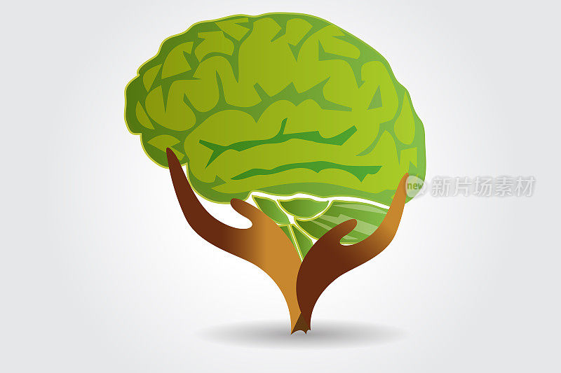 脑呈绿树状，手带关怀心理向量