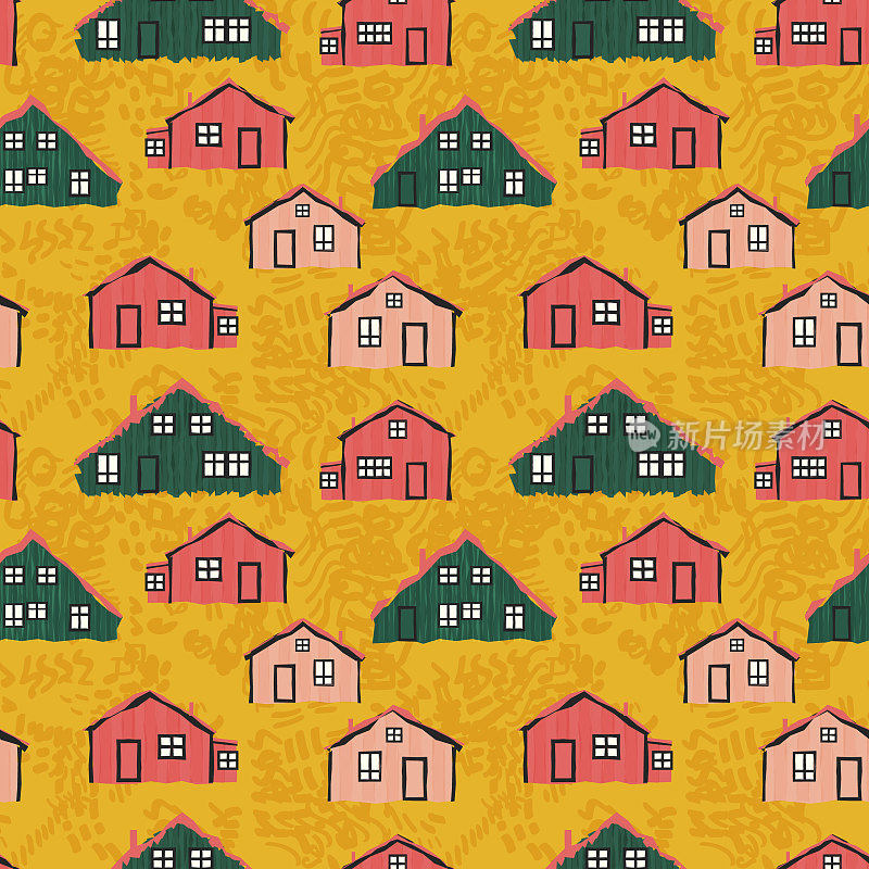粉红色、绿色的斯堪的纳维亚木制歪屋，黄色无缝重复图案