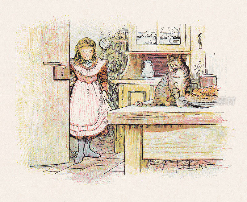《女孩和猫》，彩色木版画，出版于1897年