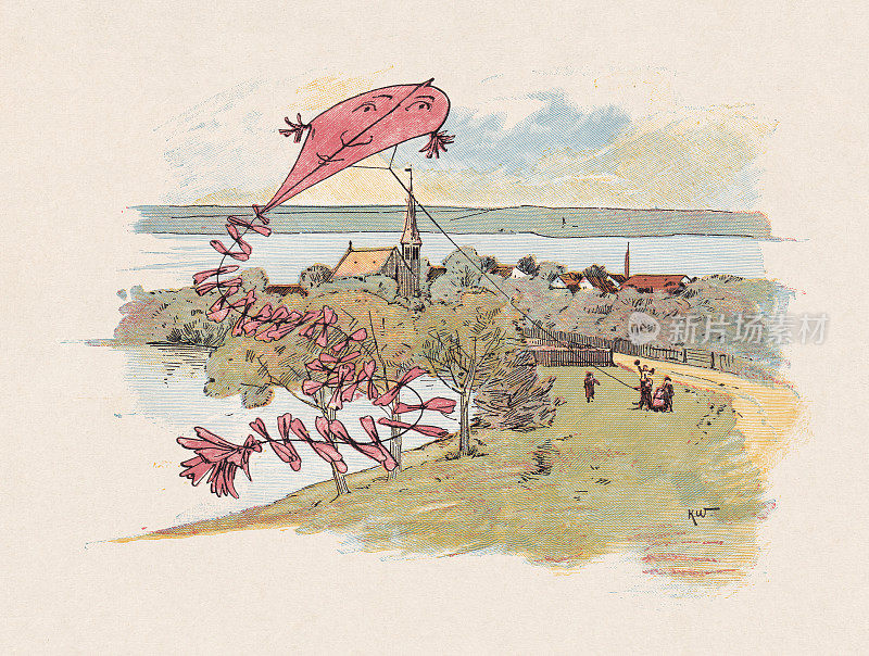 秋风里放风筝，彩绘木刻，1897年出版