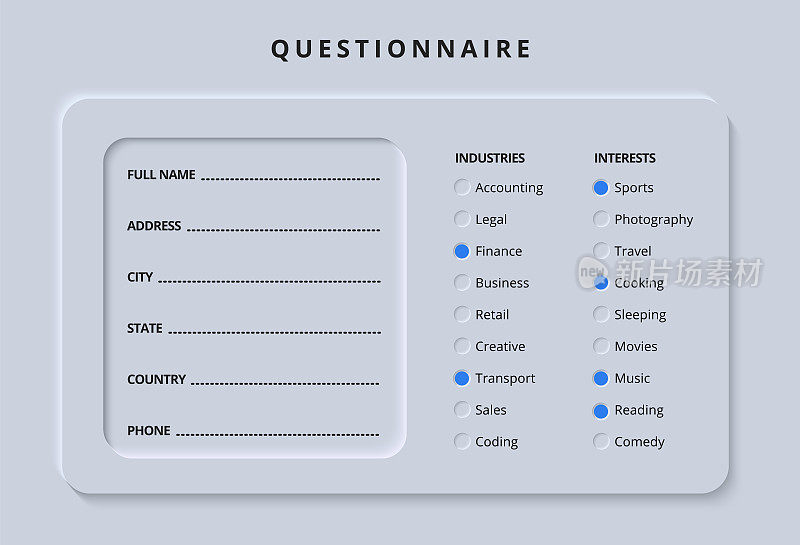 调查或测试的问卷形式与复选框和输入字段在清洁拟物化或neuomorphism风格的光模式移动应用程序UI