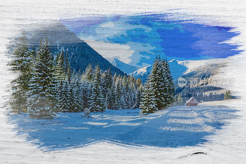 泰特拉山的雪路，水彩画