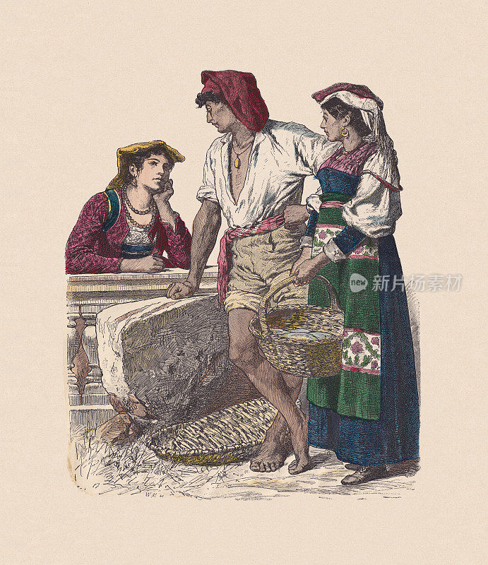 19世纪，意大利服饰，手工着色木刻，大约出版于1880年