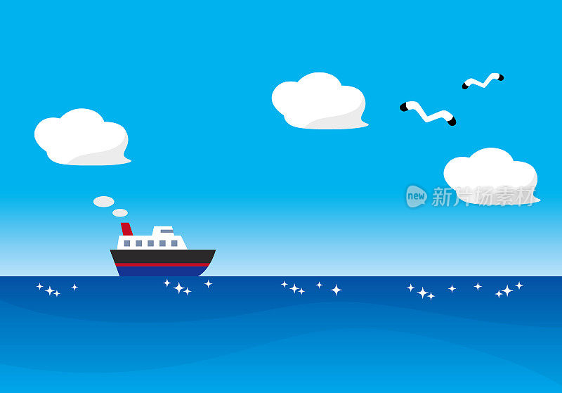 一艘船穿越蓝色的海洋，一只海鸥在蓝色的天空中飞翔