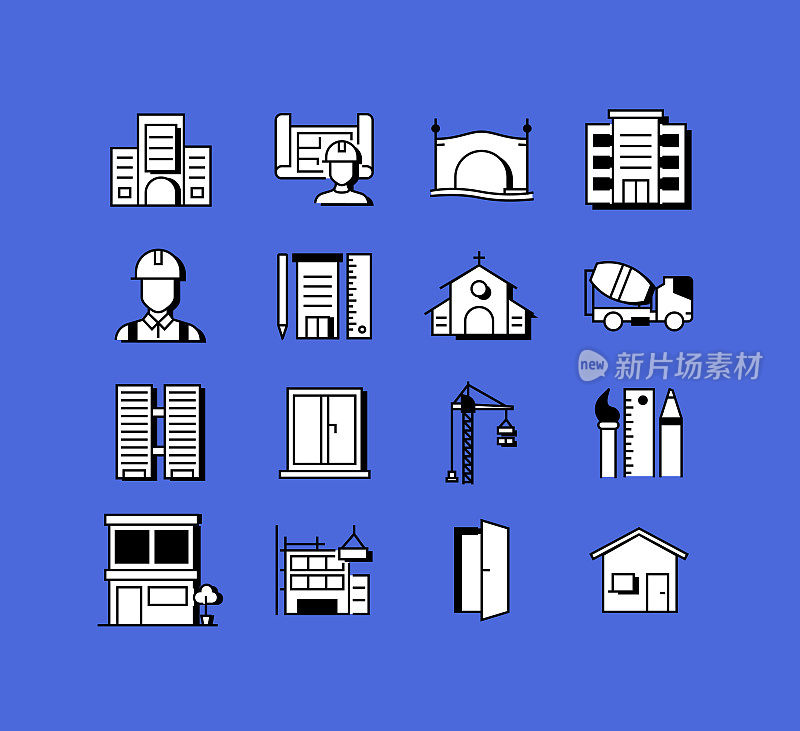 建筑相关图标向量集合。现代风格符号向量插图