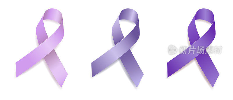 集树丝带意识紫色，淡紫色，长春花蓝色。食道，胃，胃，一般癌症，阿尔茨海默病，囊性纤维化，家庭暴力。孤立在白色背景上。