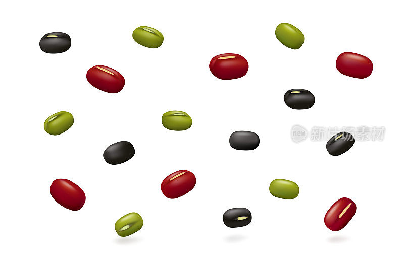 红豆，黑豆和绿豆分离在白色背景上