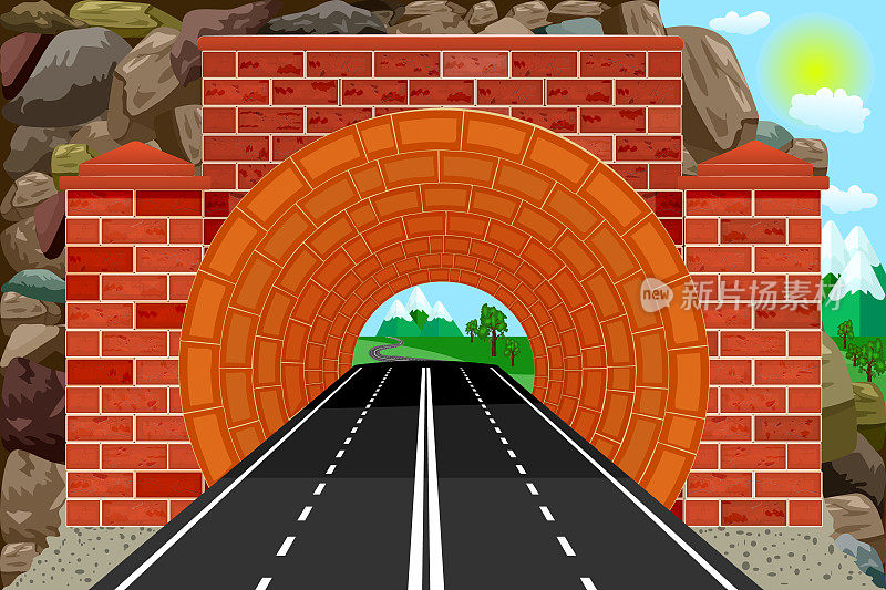 隧道出口处有高速公路和山脉。高速公路隧道道路。