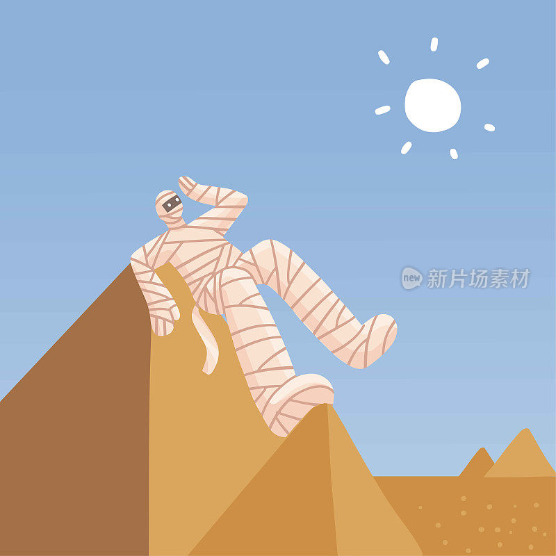 矢量手绘插图的木乃伊坐在金字塔上，忍受着高温。烈日下的沙漠景观。