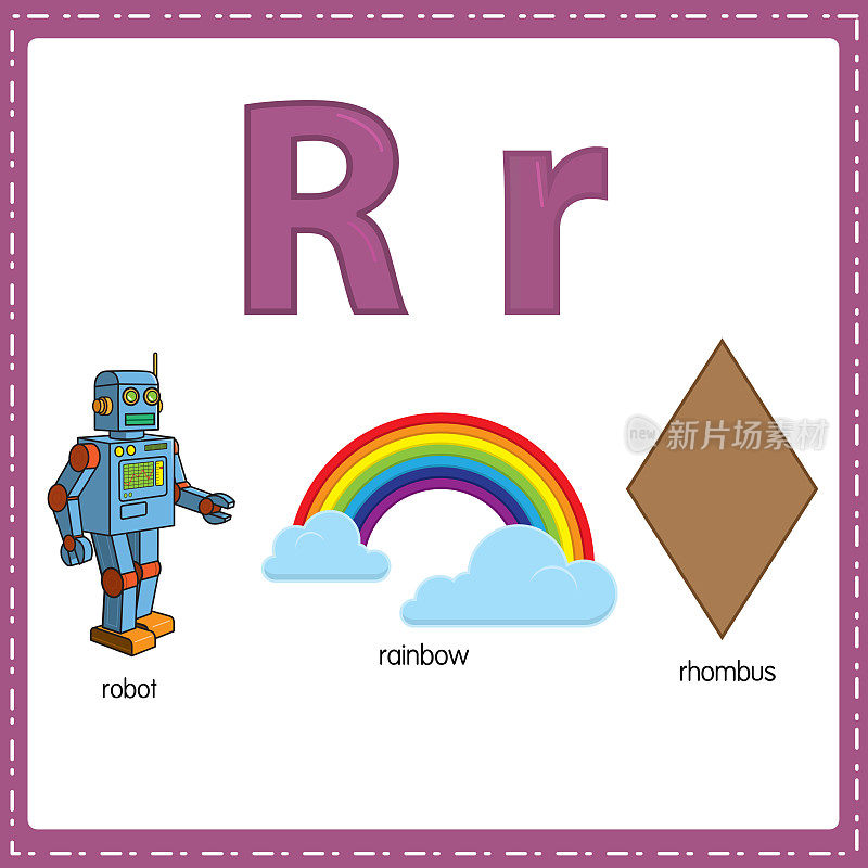 向量插图学习字母R的小写和大写的儿童与3卡通图像。机器人彩虹菱形。