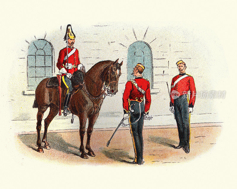 19世纪维多利亚时期的英国军队，在有秩序的骑兵部队中检阅军官