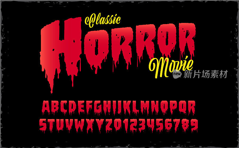 复古经典恐怖电影的字体字母设计包括滴血大写字母和带有纹理背景的数字