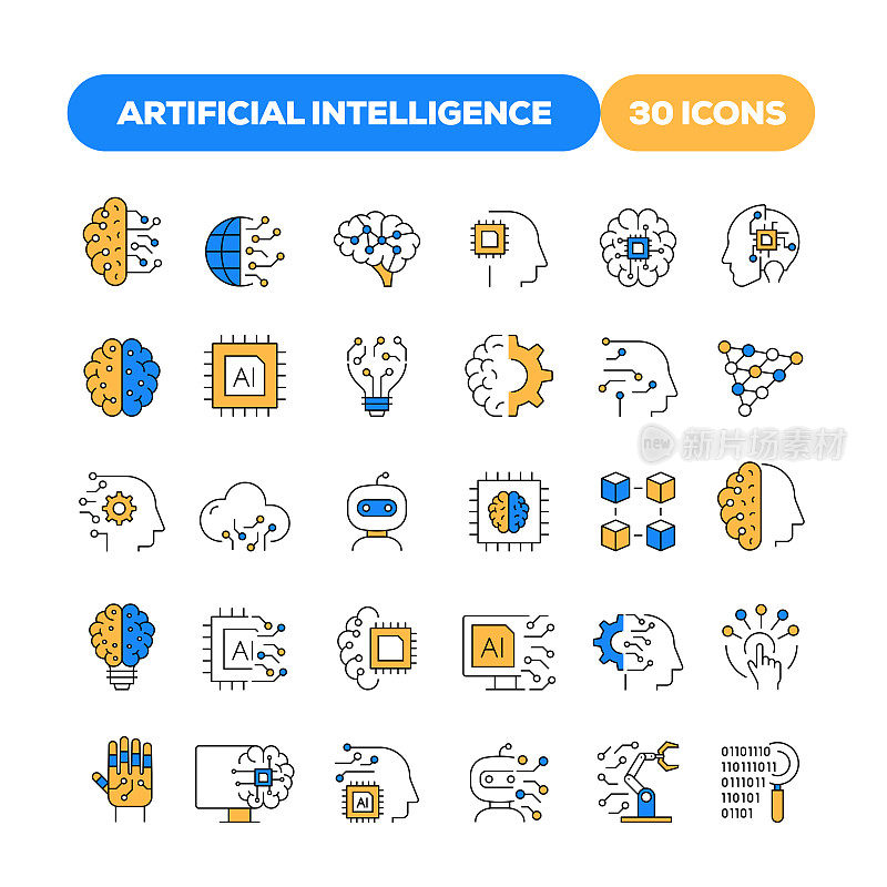 一组人工智能相关的平行线图标。大纲符号集合