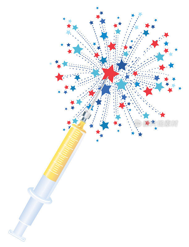 疫苗注射器，透明的背景和星爆