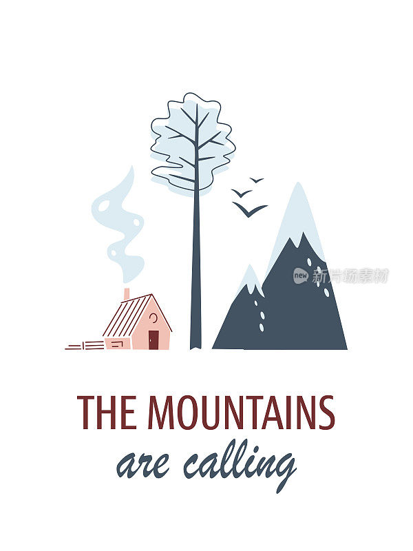 极简卡片与山，云杉，房子和鸟在白色背景。群山在呼唤。旅行的概念。有限颜色的景观。矢量图