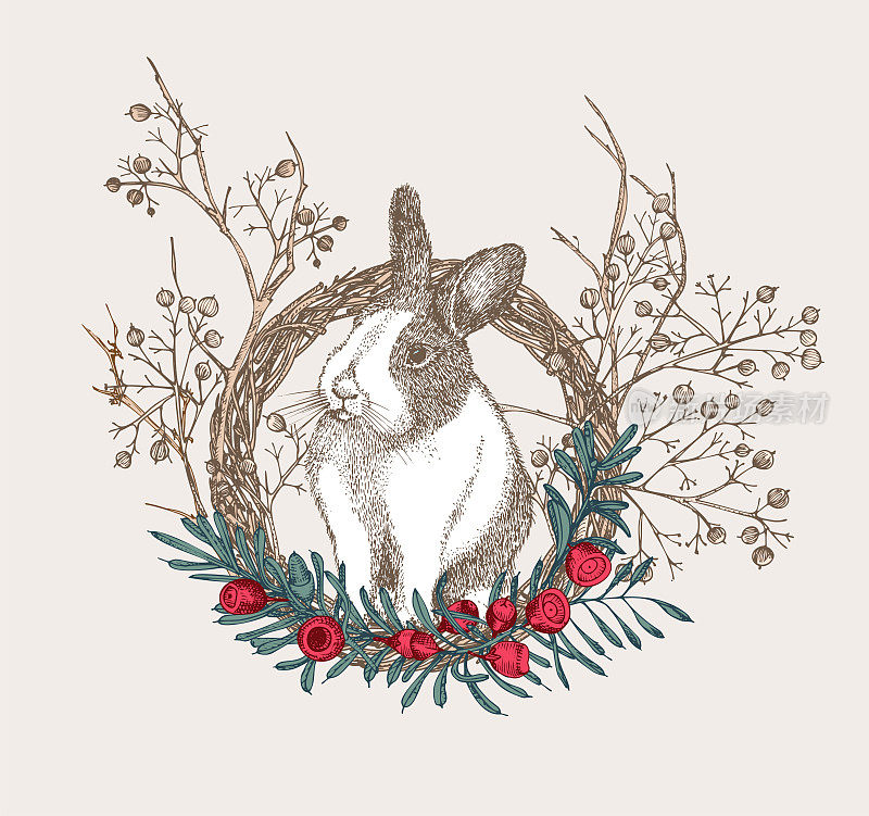 眼睛周围有黑点的白兔。中国新年的象征兔。坐在圣诞花环上的兔子。新年贺卡在温暖的颜色。手绘雕刻草图。向量