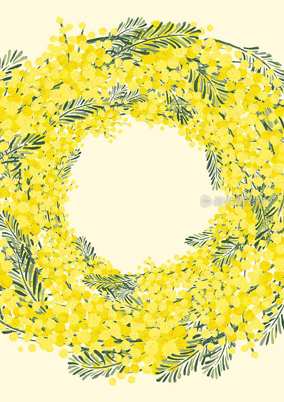 含羞草金合欢花环背景材料花卉手写插图春天形象复古北欧设计