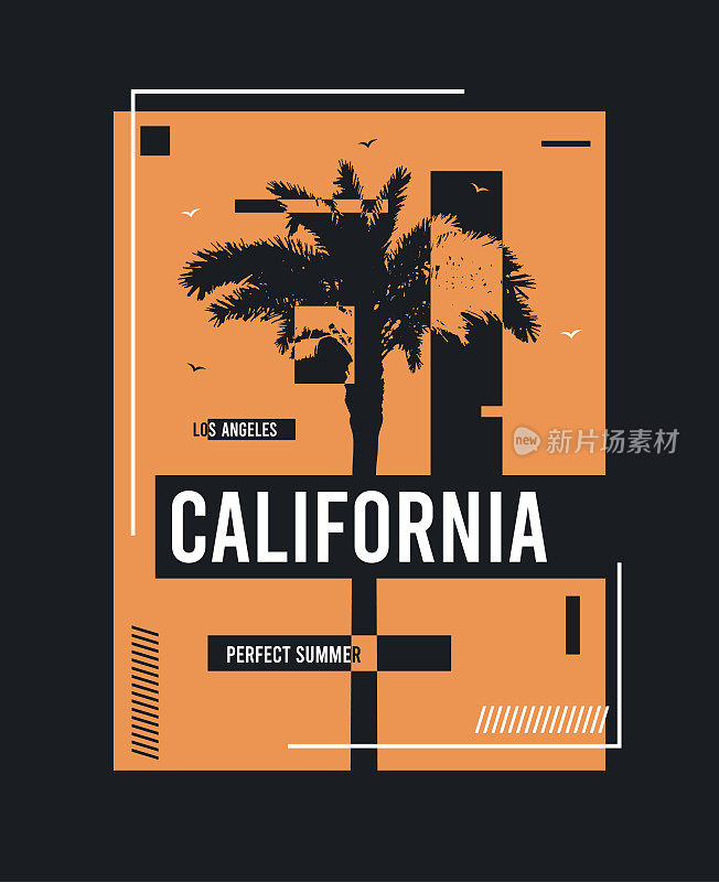 加州，洛杉矶的t恤设计上有棕榈树。图形打印t恤与热带棕榈树的剪影，海鸥鸟和框架。T恤及服装设计。