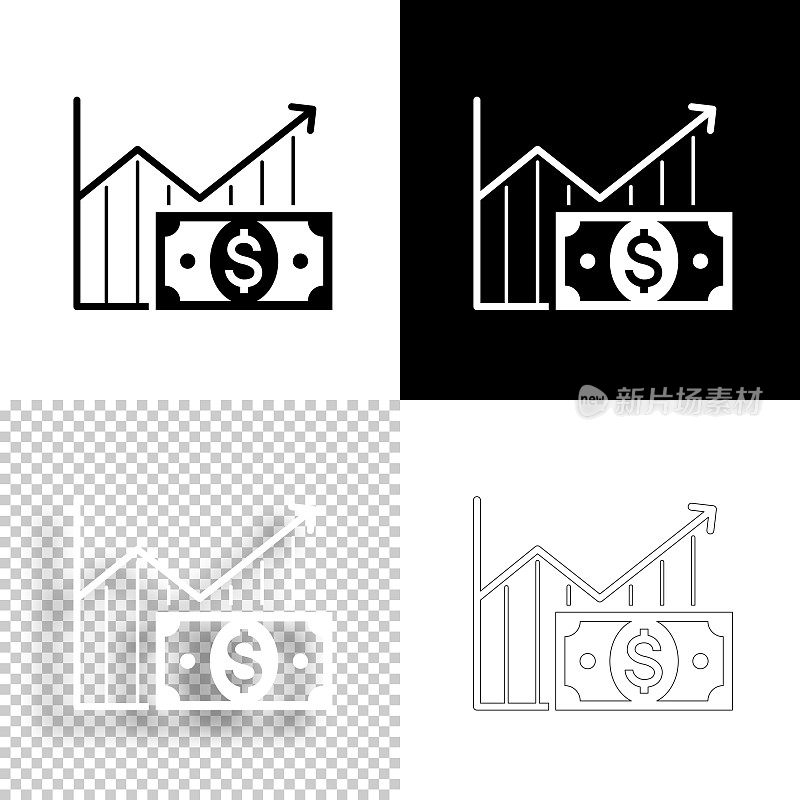 与美元钞票的增长图表。图标设计。空白，白色和黑色背景-线图标