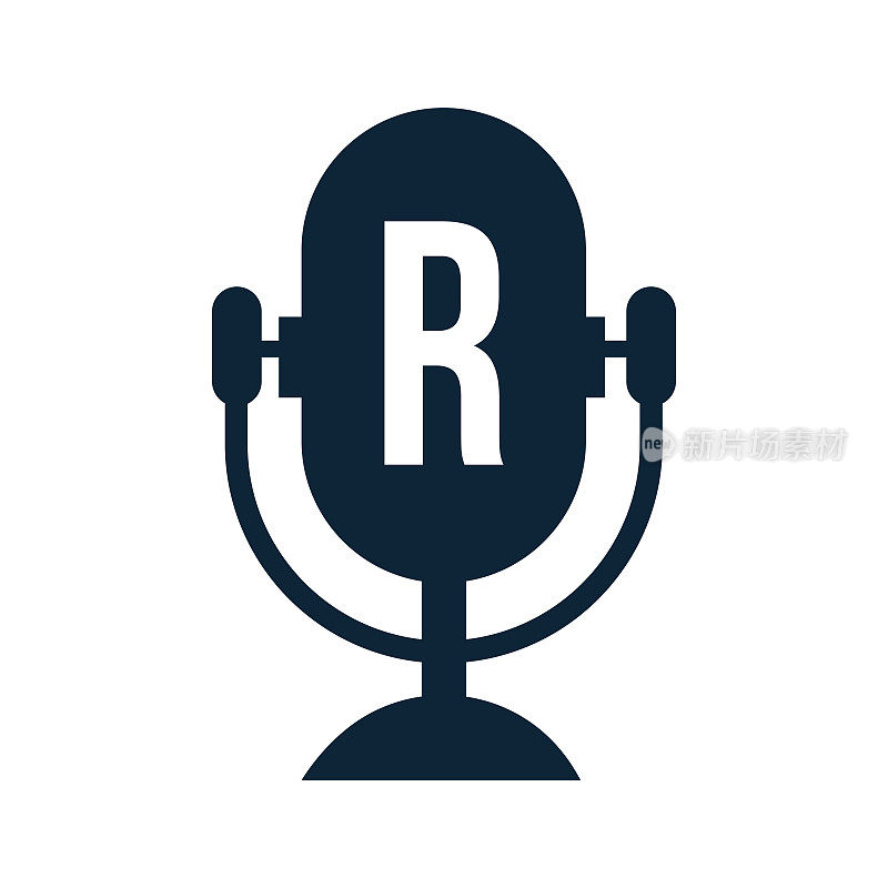 播客电台标志在字母R设计使用麦克风模板。Dj音乐，播客标志设计，混合音频广播矢量