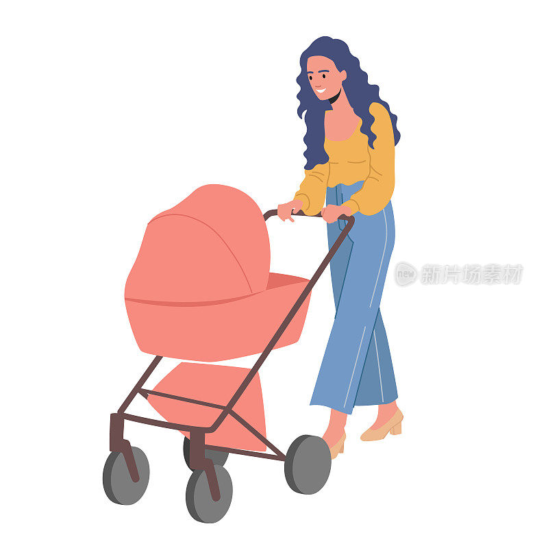 年轻女子与马车散步。妈妈和婴儿在婴儿车散步。妈妈抱着婴儿车里的孩子。家人散步