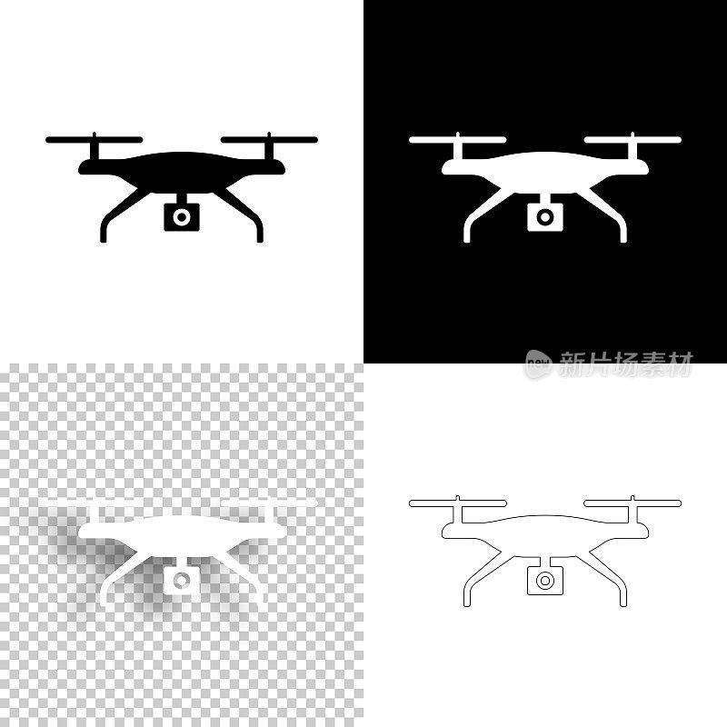 无人机与相机。图标设计。空白，白色和黑色背景-线图标