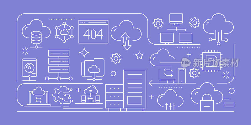 云计算相关的矢量横幅设计概念，现代线条风格与图标