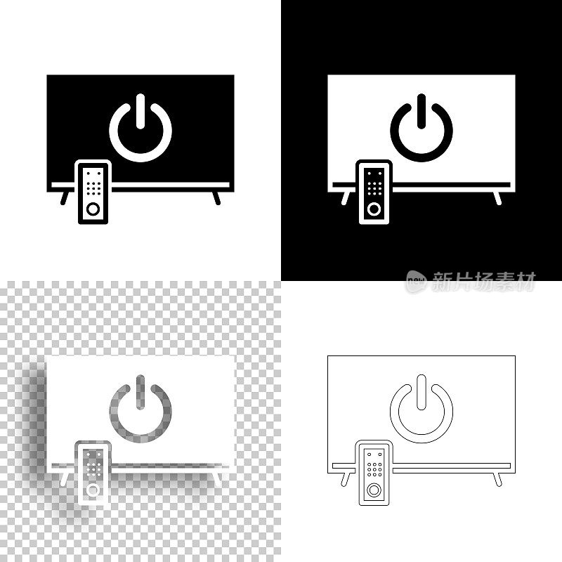 带电源按钮的电视。图标设计。空白，白色和黑色背景-线图标