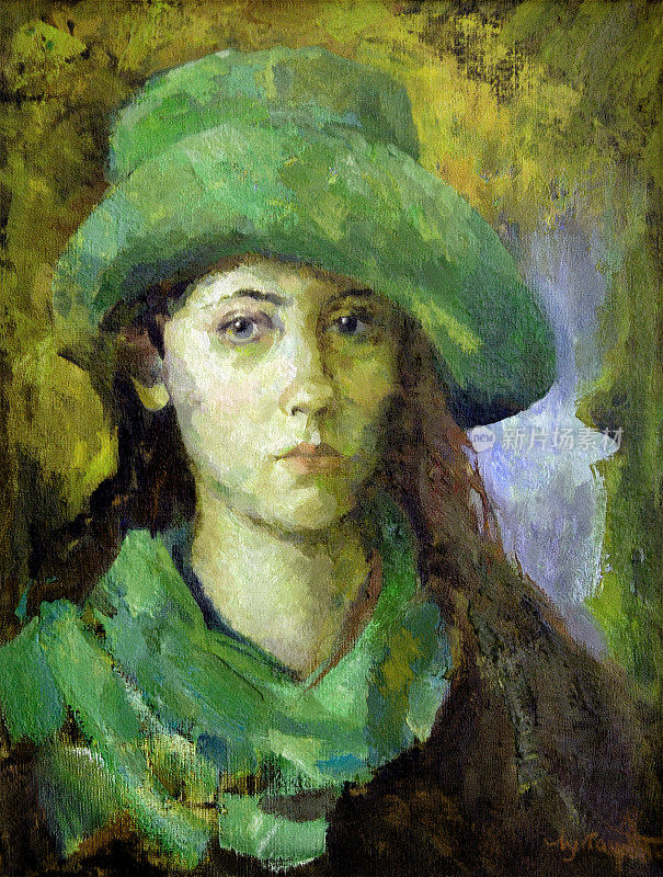 插画油画肖像的年轻女子与长黑发在绿色帽子和羊毛围巾在一个抽象的幻想的背景