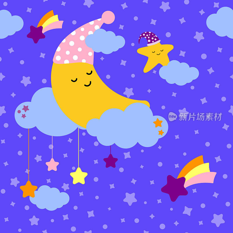 无缝模式。一个可爱的黄色月亮睡在云在蓝色的背景。摇篮曲的主题。向量