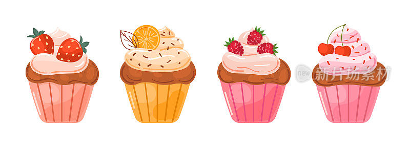 可爱的彩色奶油纸杯蛋糕，不同的口味和颜色。草莓，樱桃，橘子和覆盆子口味的松饼。平面矢量甜点装饰剪辑艺术集。