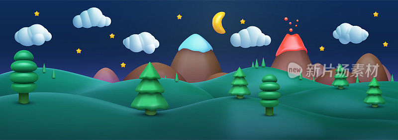 3d逼真卡通全景夏夜景观背景与大山和雪峰，火山在黑暗的天空。可爱的孩子自然环境构成。矢量插图。