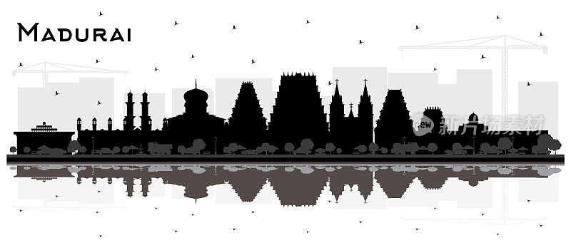 马杜赖印度城市天际线剪影与黑色建筑和反射孤立在白色。