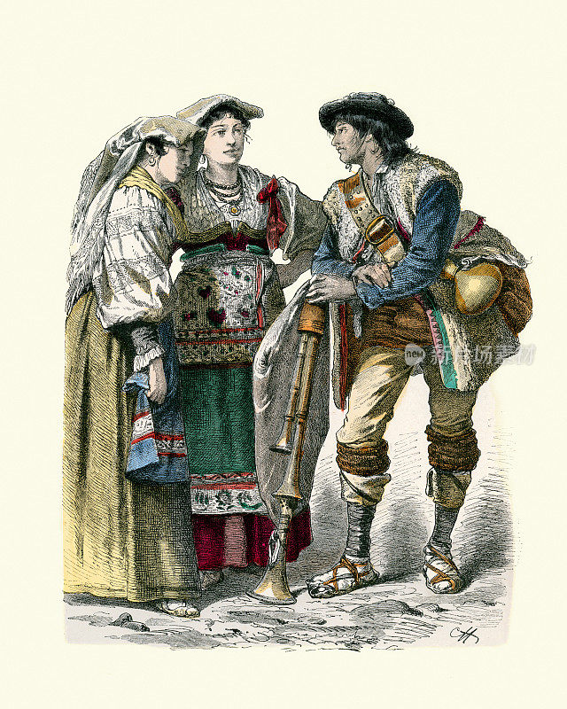 意大利传统服装，根扎诺的女人皮费拉里奥的男人(新opolit。亚平宁)，意大利，19世纪的历史时尚