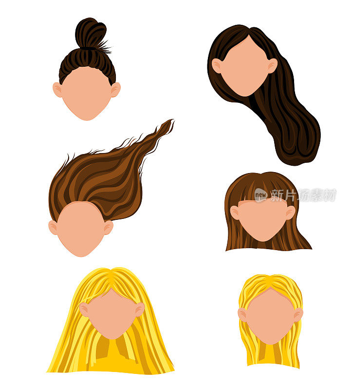 构造与深色皮肤的女性头部不同的发型。卡通风格。矢量插图。