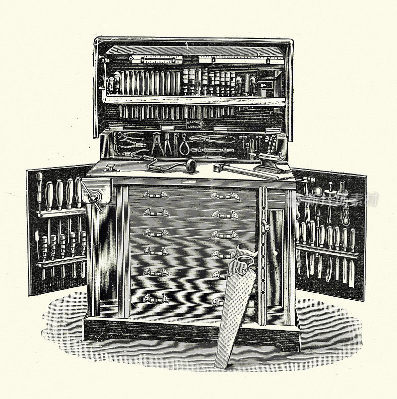 复古插图，维多利亚时代的工作台和19世纪的工具柜