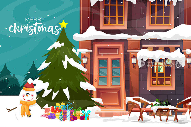 矢量插图的城市景观冬季风景与圣诞树和雪人在降雪。