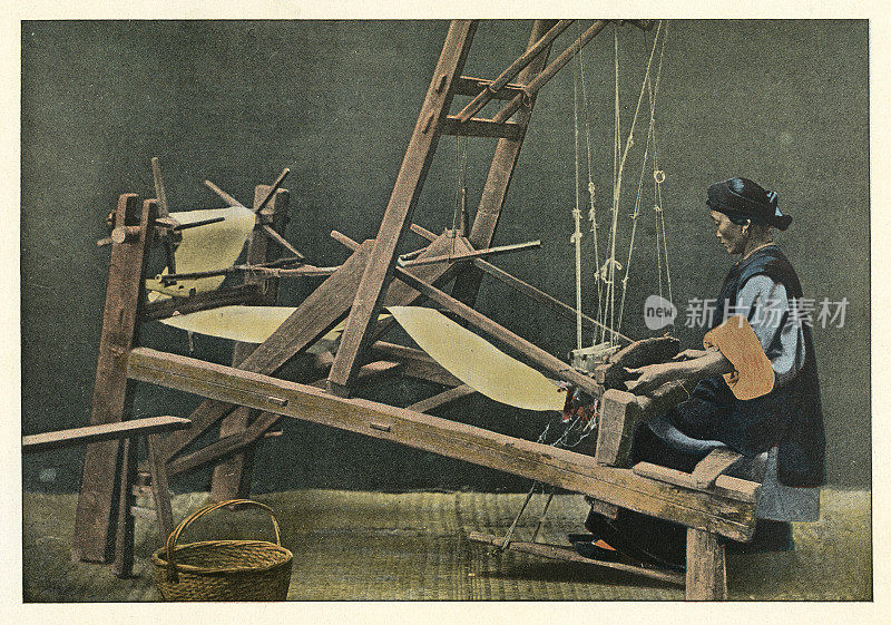 中国织布工，妇女用木织机织布，历史中国19世纪90年代
