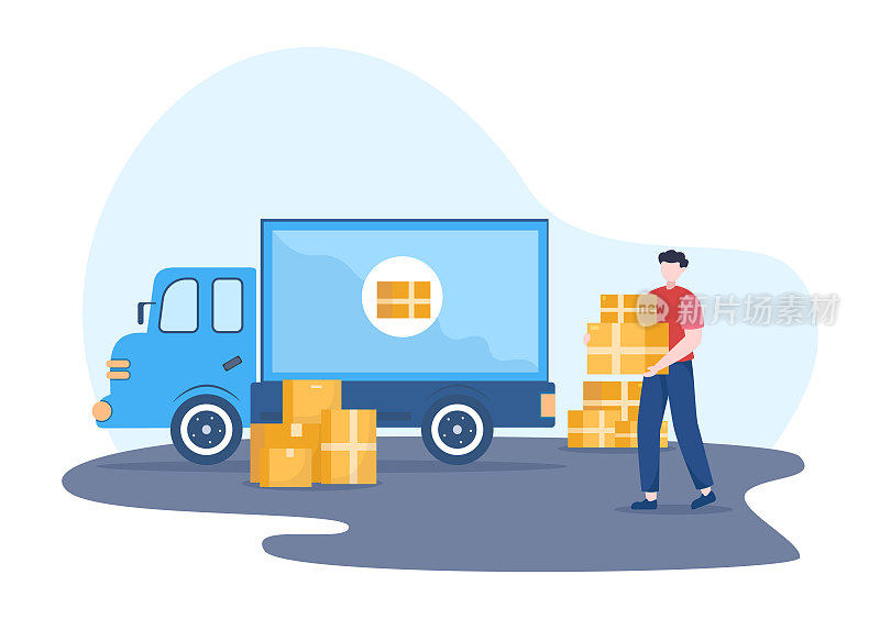 卡车运输卡通插图与货物递送服务或纸板箱发送给消费者的平面风格设计
