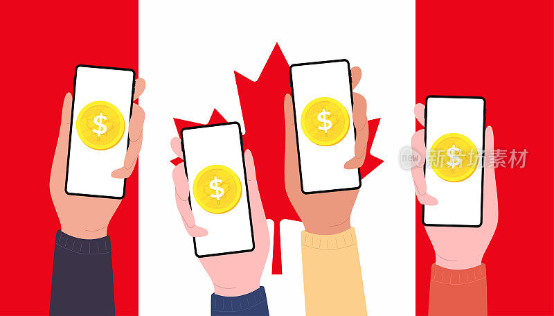 数字加拿大元硬币在移动屏幕上的人，CBDC货币未来数字货币在加拿大国旗背景。向量