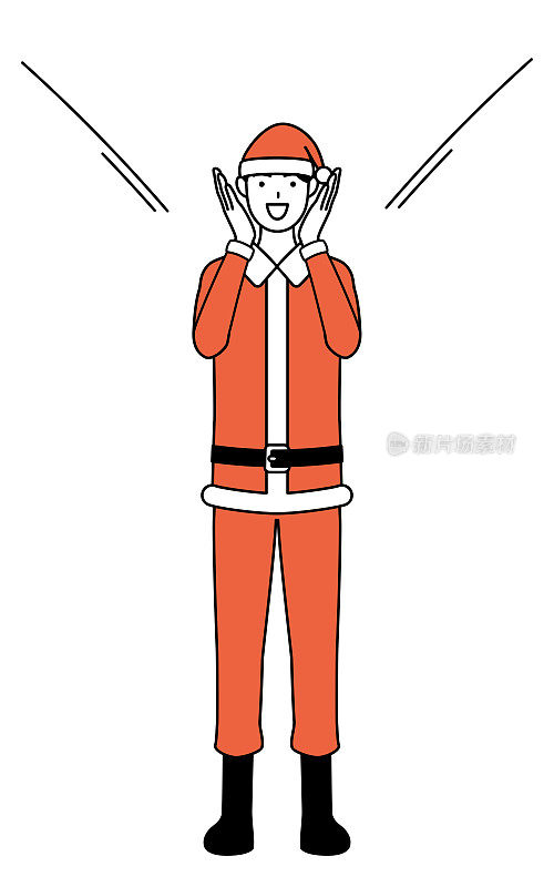 简单的线条插画，一个男人打扮成圣诞老人用他的手捂着嘴在喊。