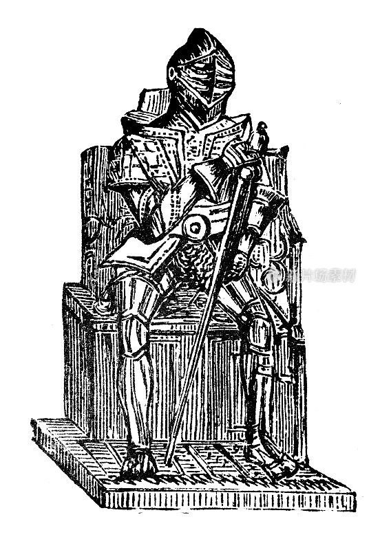 古董雕刻插图:骑士盔甲