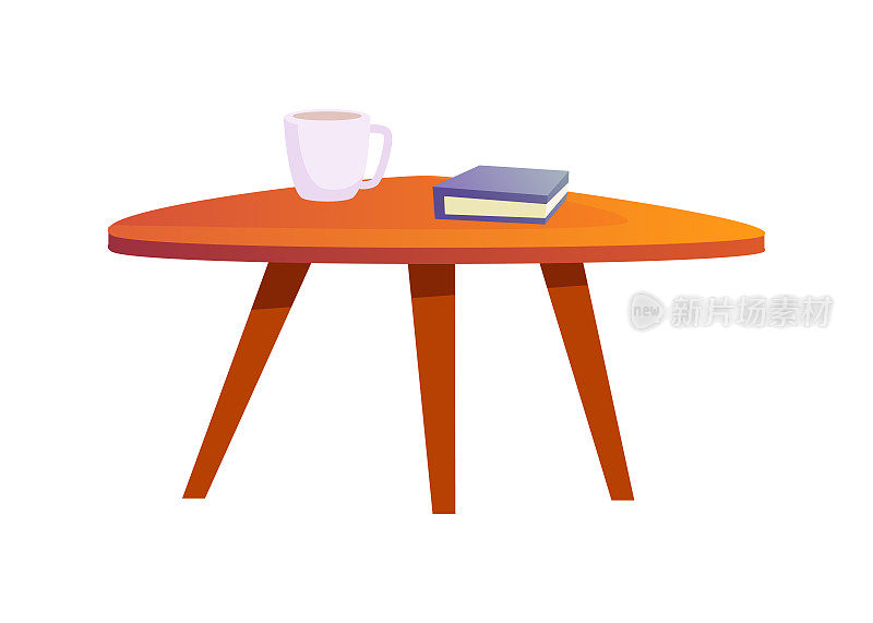 室内设计家具和装饰，孤立的木制茶几配上一杯咖啡或热茶。书桌上，客厅或卧室造型。平面样式的矢量