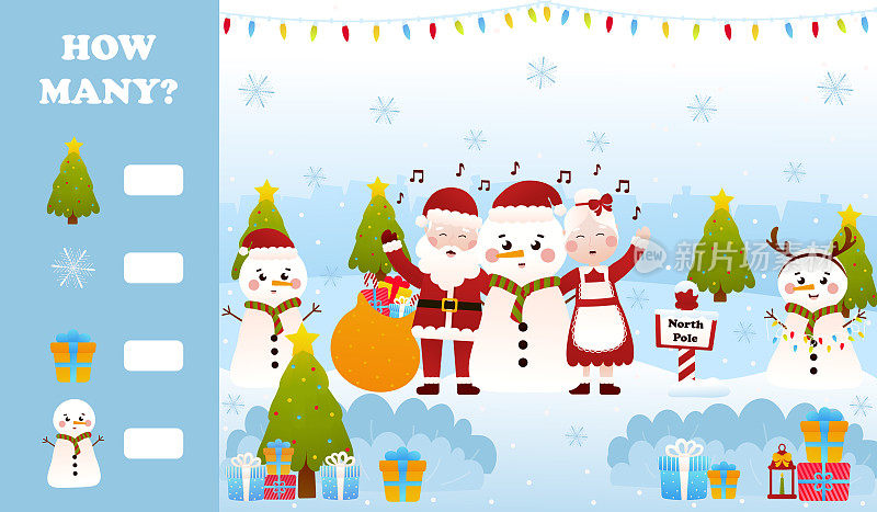 圣诞谜语的孩子与圣诞老人和圣诞夫人唱圣诞颂歌与雪人，可打印的工作表